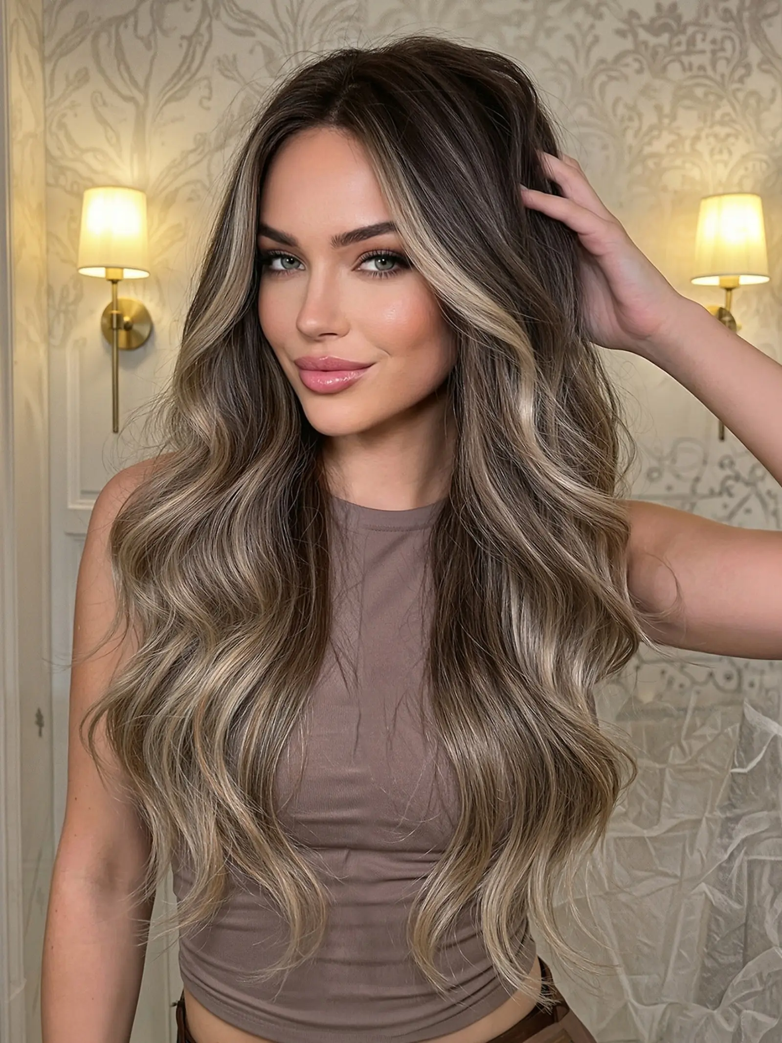Gold Gradient Highlights Long Wavy Curly Wig, Center Part High Heat Resistant Fiber Full Head Ombre Synthetic Wig, Machine Made Wigs