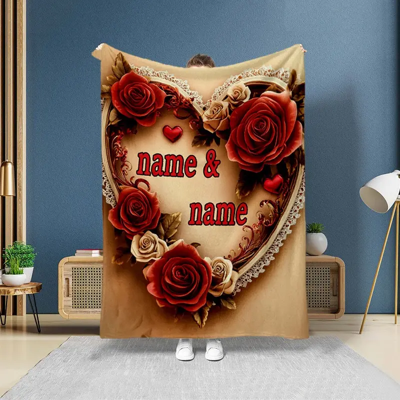 Customizable Love Heart Blanket, Knitted Flannel, Digital Print Throw Blanket