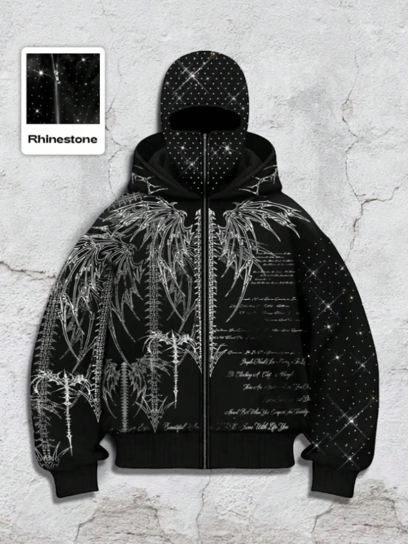 Y2K Gothic Hip Hop Oversized Graphic Hoodie, Star Rhinestone Face Mask, Dual Hoods, Full Zip, Long Sleeve, Street Style, Winter Wear