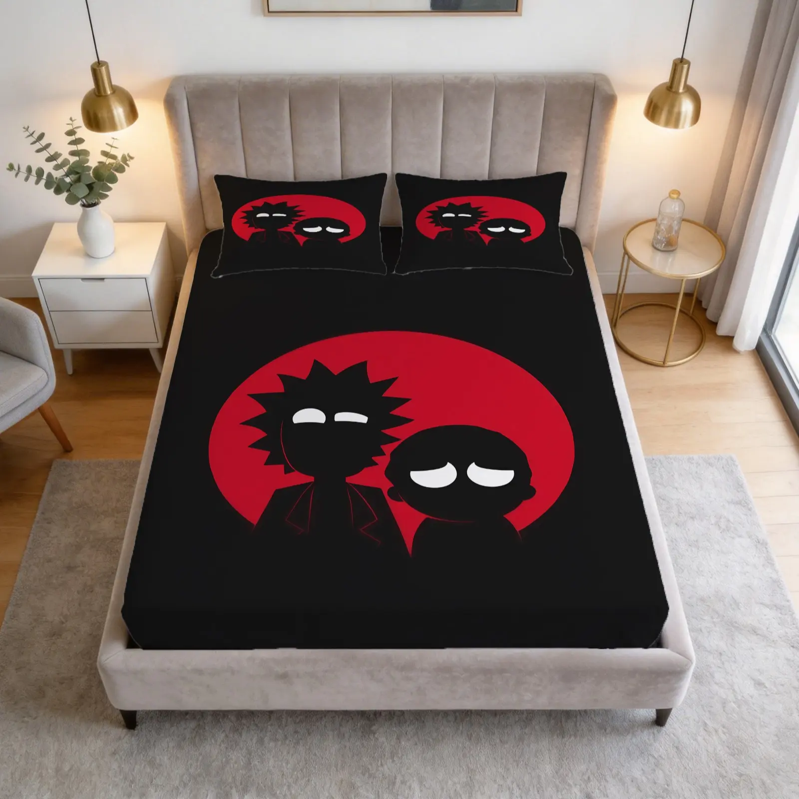 Black Cartoon Silhouette Bed Sheet Set, Rick And Morty, 1 Bedsheet With 2 Pillowcases, a Mysterious Style Bedding, Decorative Bedding, Suitable For Bedrooms, Dormitories, And Guest Rooms, Perfect For Spiritual Enthusiasts