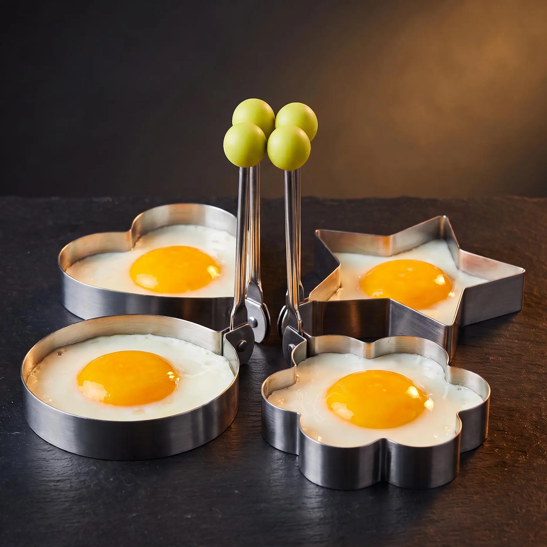 BODOUX  Set of 4 Large Egg Rings for Frying Eggs,  Non-Stick Carbon Steel |   Non-Deformable Egg Mold, Silicone Brush & Foldable Handle; Pancake Shaper for Eggs, Hash Browns