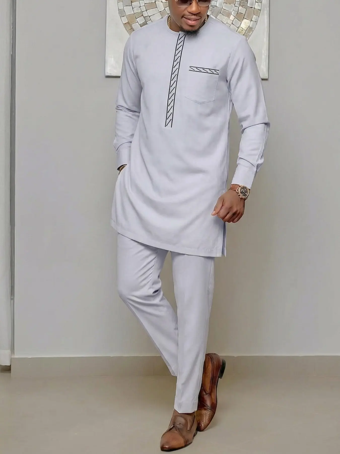2 Piece Kaftan Men Suit, Long Sleeve Round Neck Embroidered Shirt, Casual Pants, African Style, Festival Party Wedding Banquet Wear