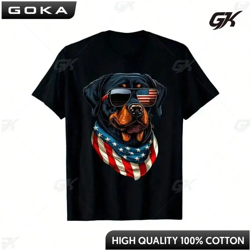Men's Patriotic Rottweiler 4th of July Cotton Streetwear T-Shirt - Black, Short-Sleeve, Round Neck, Cool American Flag Sunglasses Graphic Casual Menswear Top