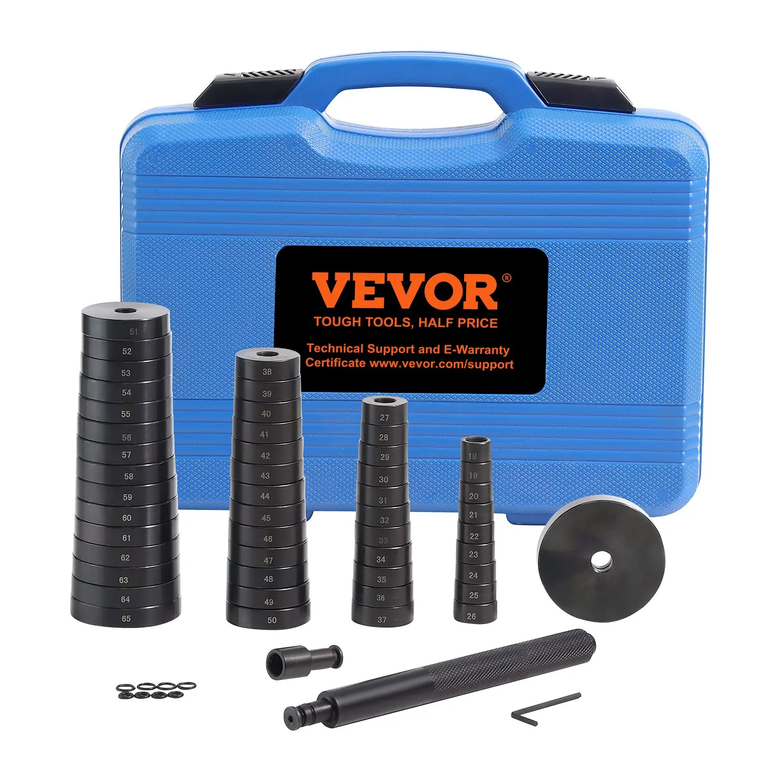 VEVOR 52PCS Custom Bushing Bearing Seal Driver Tool Kit for Bearing Work, Transmission Wheel Axle Race Installer & Remover, 18-65mm/74mm Metric Metal Discs Bush Puller Press (Millimeters Units)