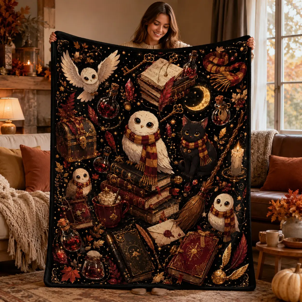 Harry Potter Magic Theme Flannel Blanket, Vintage Gold College Style, Soft Warm Sofa Cover, Bedroom Bedspread, Home Decor
