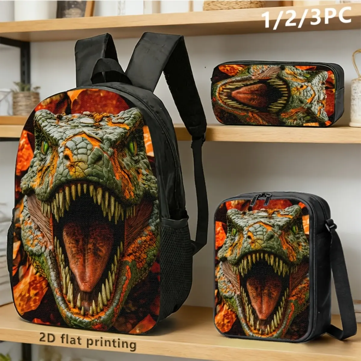3pcs T-Rex-themed Backpack, Shoulder Bag, and Pouch with 2D Print; Bold Design for Trendy Adults in Commuting, Travel, Outdoor Use., 2D Flat