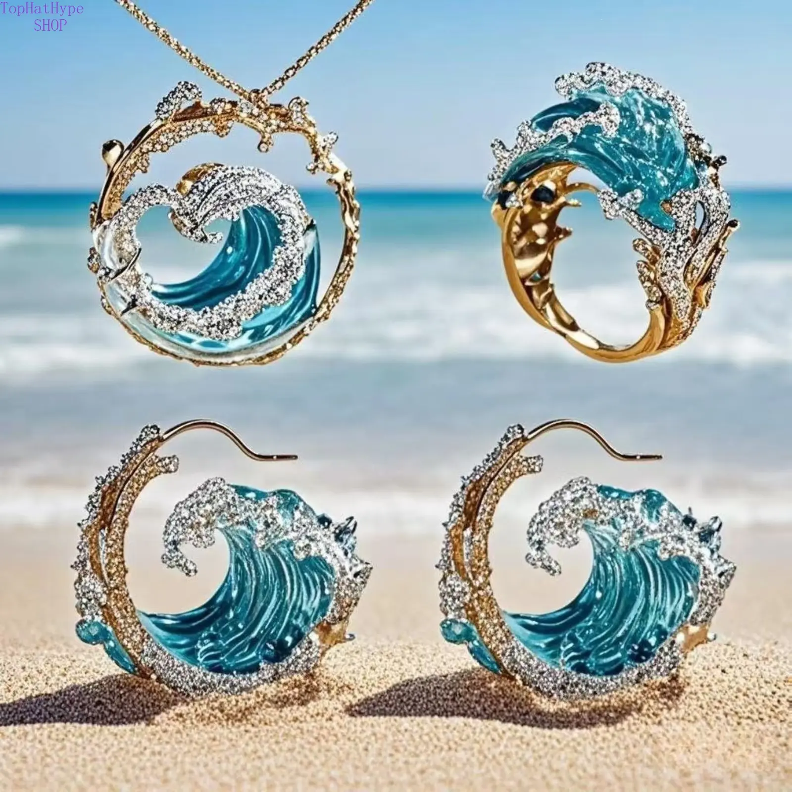 Luxury Wave Design Jewelry Set, Trendy Ocean Water Drop Necklace, Earrings & Ring Combo, Dainty Minimalist Creative Accessory, Versatile Elegant Ornament For Women Daily Wear, Dating, Party & Summer Beach Outfits