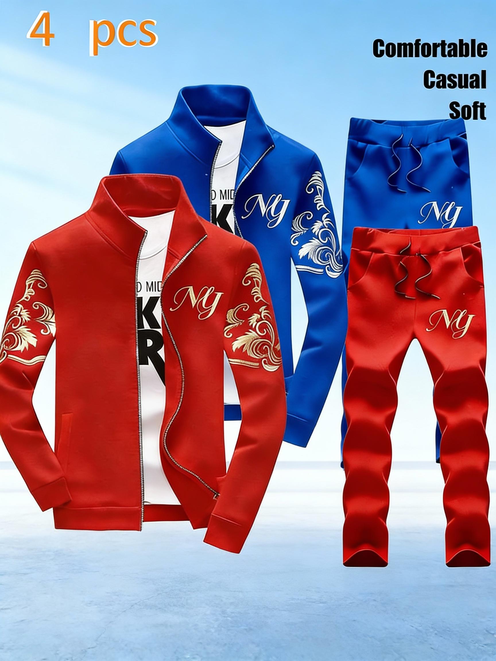 Men's Stand-Collar Zipper Tracksuit - Stylish NY Embroidered Pattern, 4-Piece Casual Sports Set