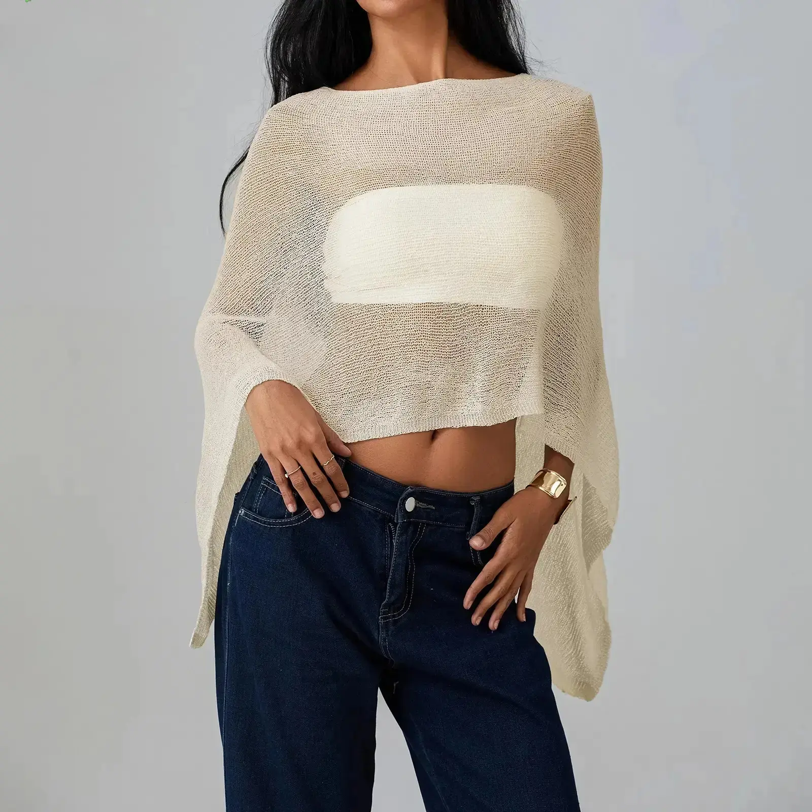 Women's Crochet Knit Sheer Poncho Shrug Cover Up, Lightweight Y2K Irregular Hem Loose Summer Shawl, See Through Beach Swimwear Coverup, Boho Solid Color Open Front Cardigan for Vacation, Pool, Travel & Casual Outfits