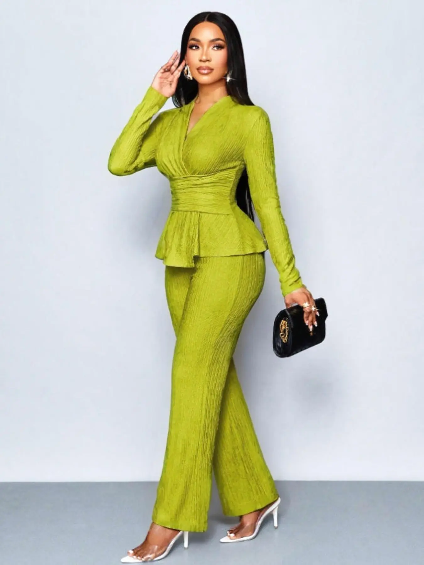 Women's Peach Color Elegant chic V-Neck Long Sleeve T-Shirt and Wide Leg Pants Set, Outfit, Asymmetrical Hem, Casual Daily Wear, Fall Winter