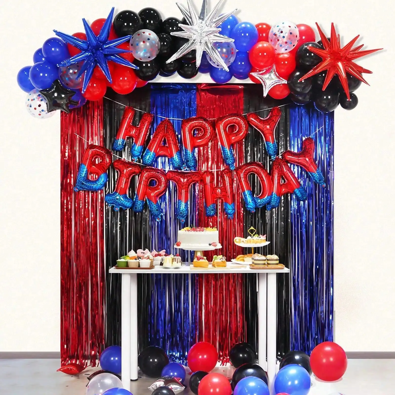 Spider Theme Happy Birthday Banner Balloons Red and Blue Letters Signs Superhero Birthday Party Decor Accessories Party Supplies