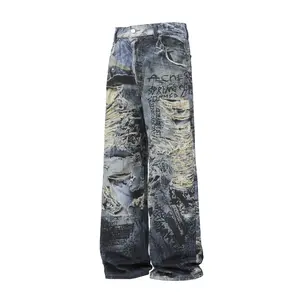 Men's 3D Digital Print Denim Jeans,Casual Loose Fit Graphic Graffiti Skater Pants,Retro Y2K Streetwear Ripped Distressed Illusion Trousers,Summer Slouchy Urban Outfits