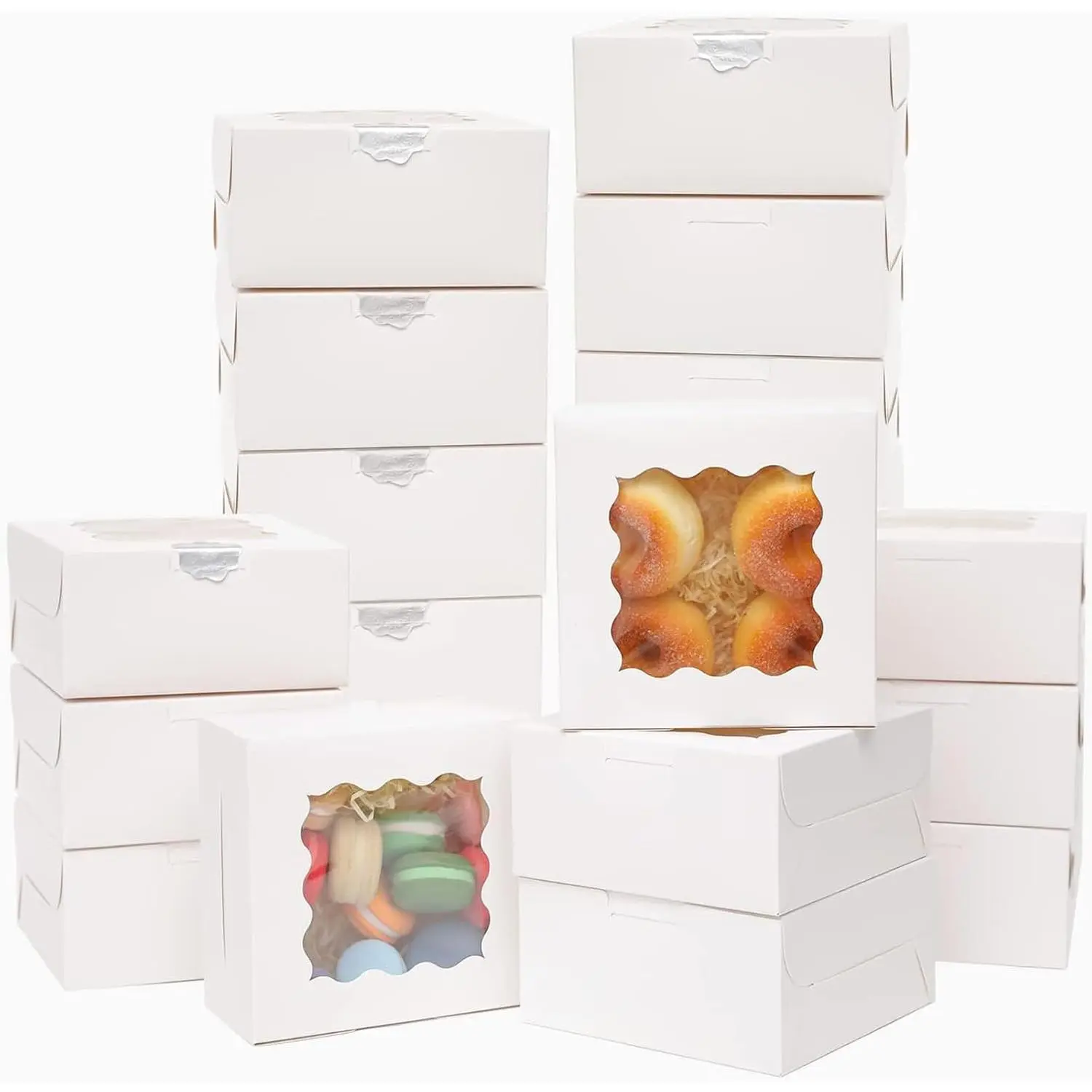 60-Count Square Small Size White Baked Goods Boxes with Window, 6x6x3 in Thick Sturdy Gift Packaging for Macaroon, Colorful Pastry & Cookie (Office Stationery & Gifts Wrapping Supplies), Square Shape