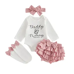 Newborn Summer Outfits Baby Girls Letter Print Long Sleeve Romper Ruffle Shorts Headband Mommy and Daddy Clothes