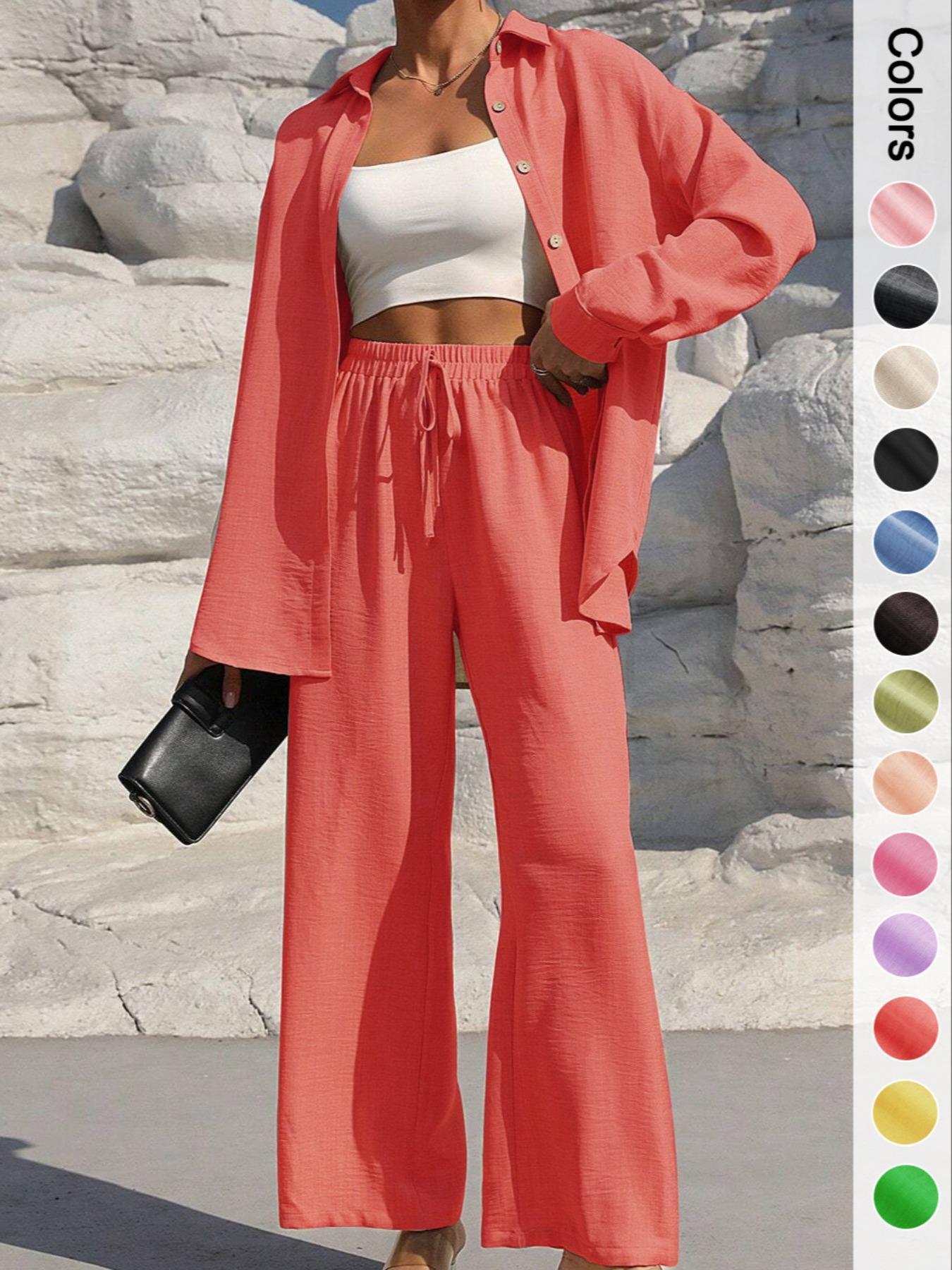 Women's Solid Button Front Shirt & Tie Front Wide Leg Pants Two-piece Set, Casual Drop Shoulder Long Sleeve Top & Trousers 2 Piece Set for Spring & Fall, Women's Clothes for Daily Wear, Casual Outfits Women
