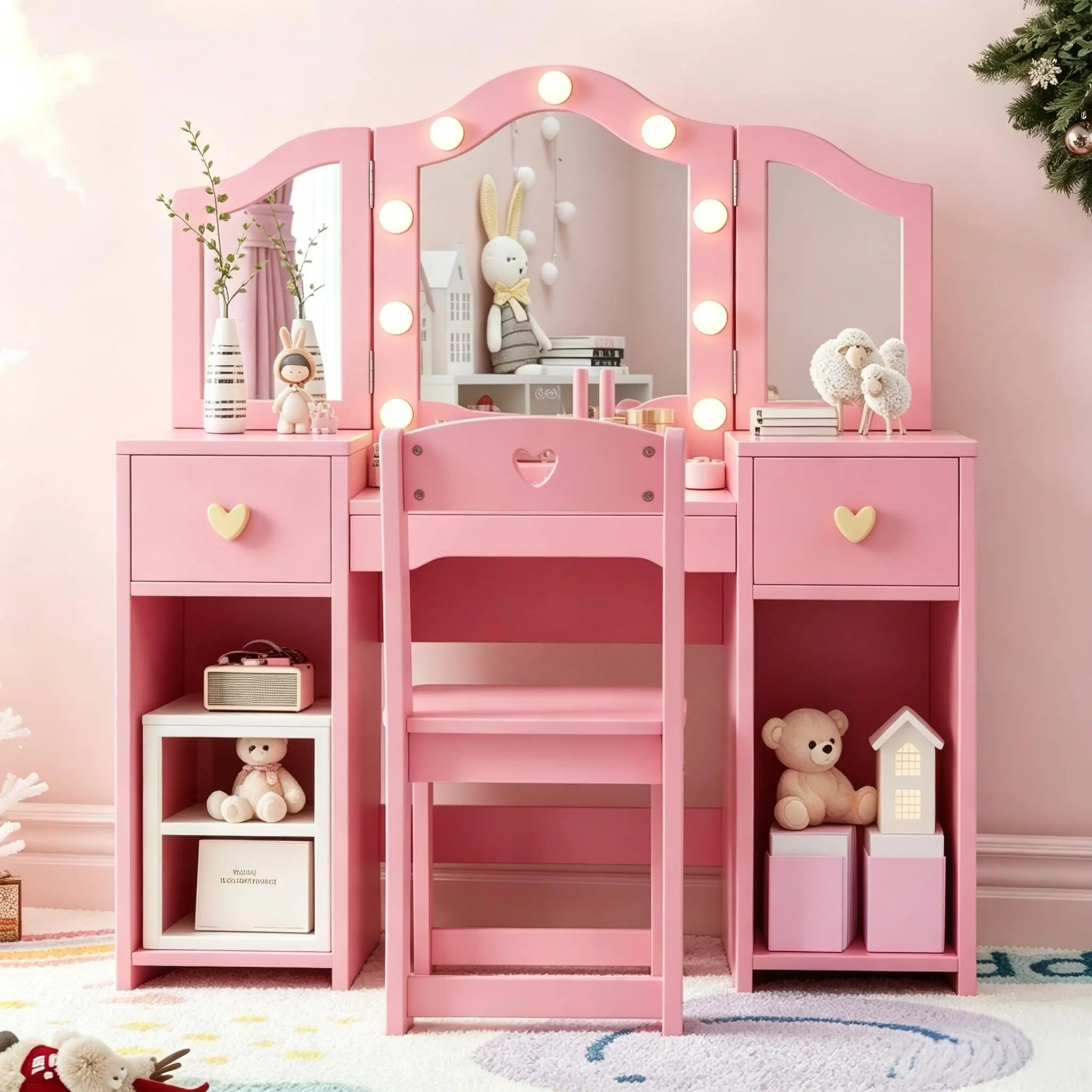 Princess Style Kids Vanity Table and Chair Set - Sturdy Makeup Desk for Girls - Perfect for Bedroom or Playroom - Durable Pink Children's Furniture