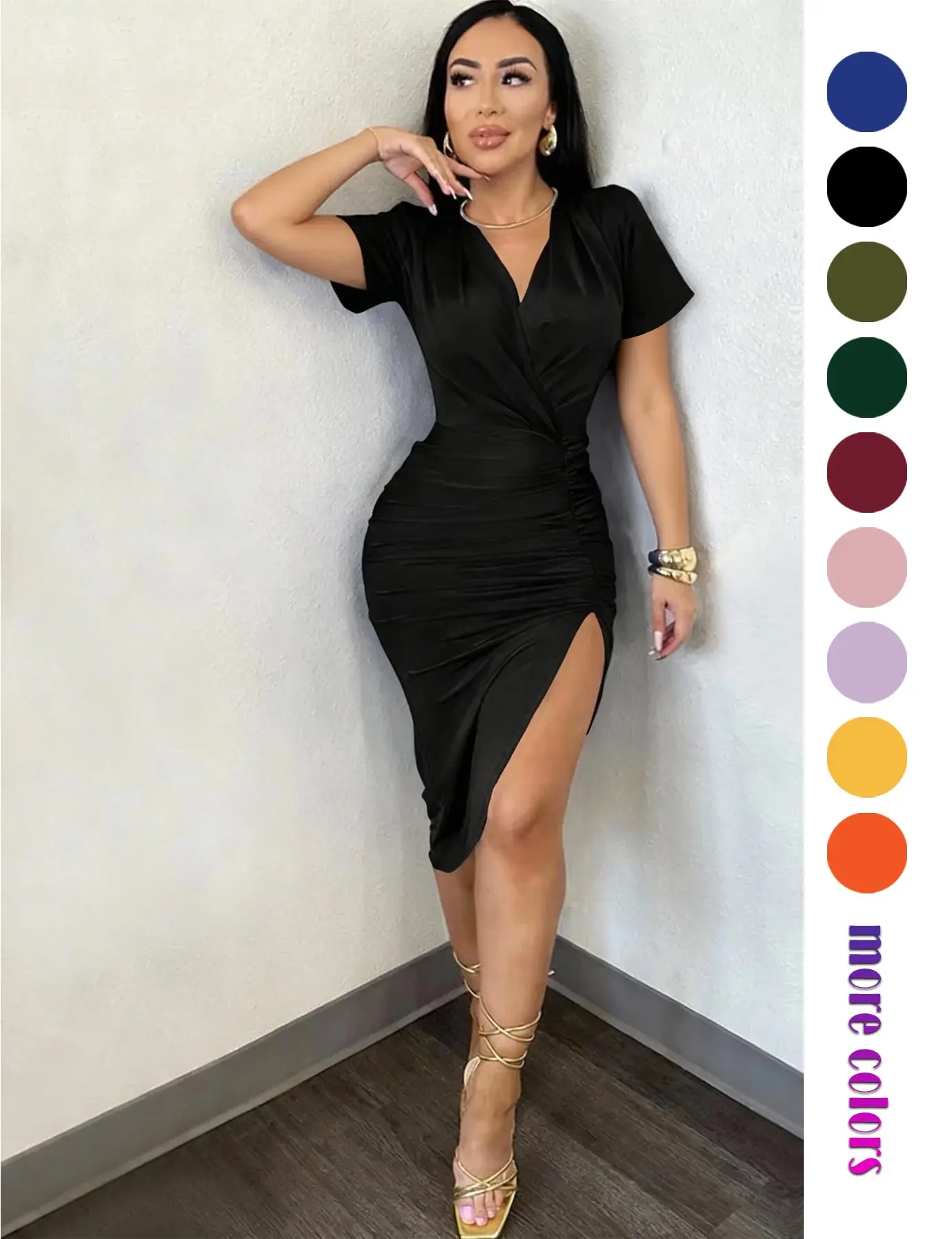 Elegant Pleated Collar Bodycon Fit Dress, Short Sleeve Summer Dress, Split Hem, Perfect for Parties, Weddings, Office Wear, Women's Fashion, Elegant Dresses