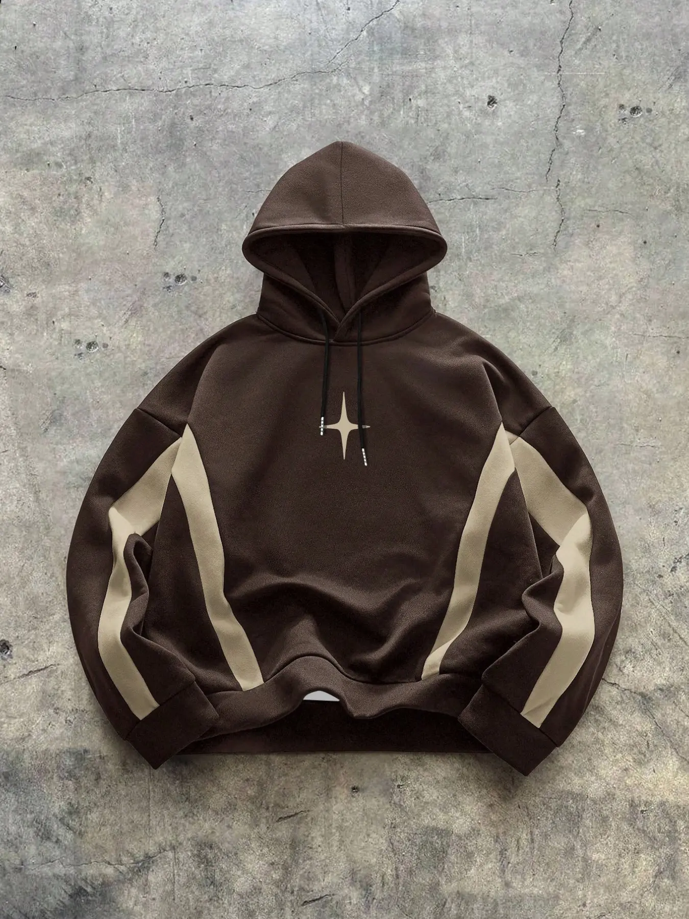 Men's Marled Retro Coffee Color Cross Star Print Hoodie, Side Contrast Patchwork, Loose Drop Shoulder, Street Style Sweatshirt
