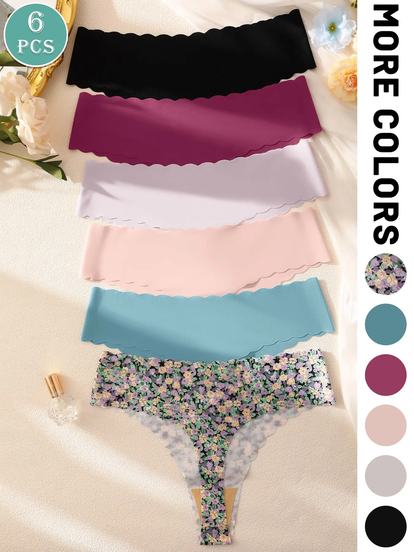 6-Pack Women's Wave Edge Seamless Slim Fit Thongs, Floral Print G-String Panties for Daily Wear, Comfortable and Stylish Underwear
