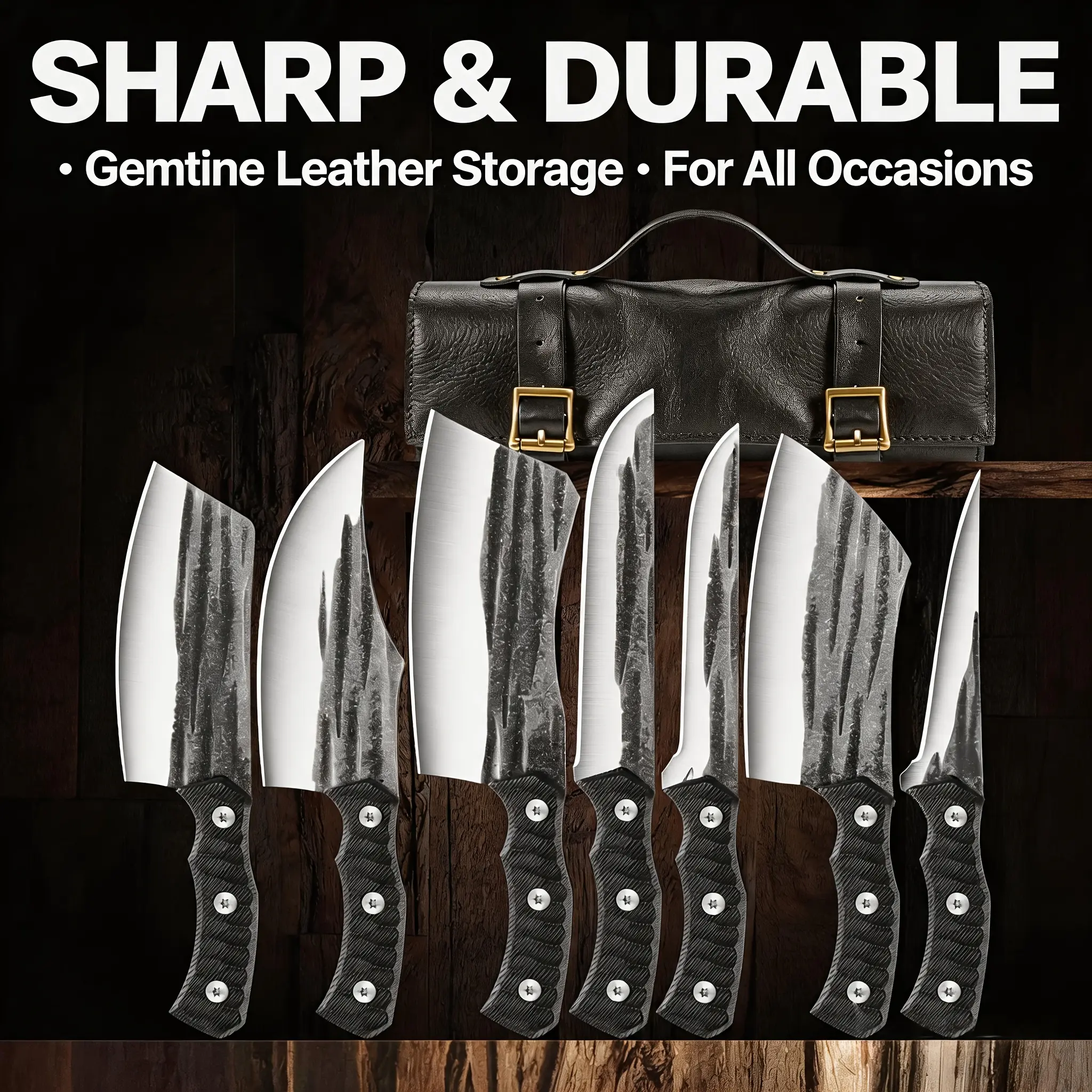 Chef Knife Set - 8Pc Hand Forged Butcher Knife Set for Meat Cutting, 3-7 Inch, Butcher, Cleaver, Boning, Utility, Splitting Knives for Meat Cutting Fruit Vegetable with Bag for Kitchen Outdoor BBQ Camping, Birthday Gift Idea campingessentials