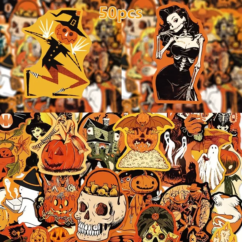 Vintage Scary Pumpkin Halloween Sticker Pack 50pcs, Waterproof Graffiti Decals, DIY Decor for Laptop, Skateboard, Luggage, Phone, Book, Halloween Gift for Teens