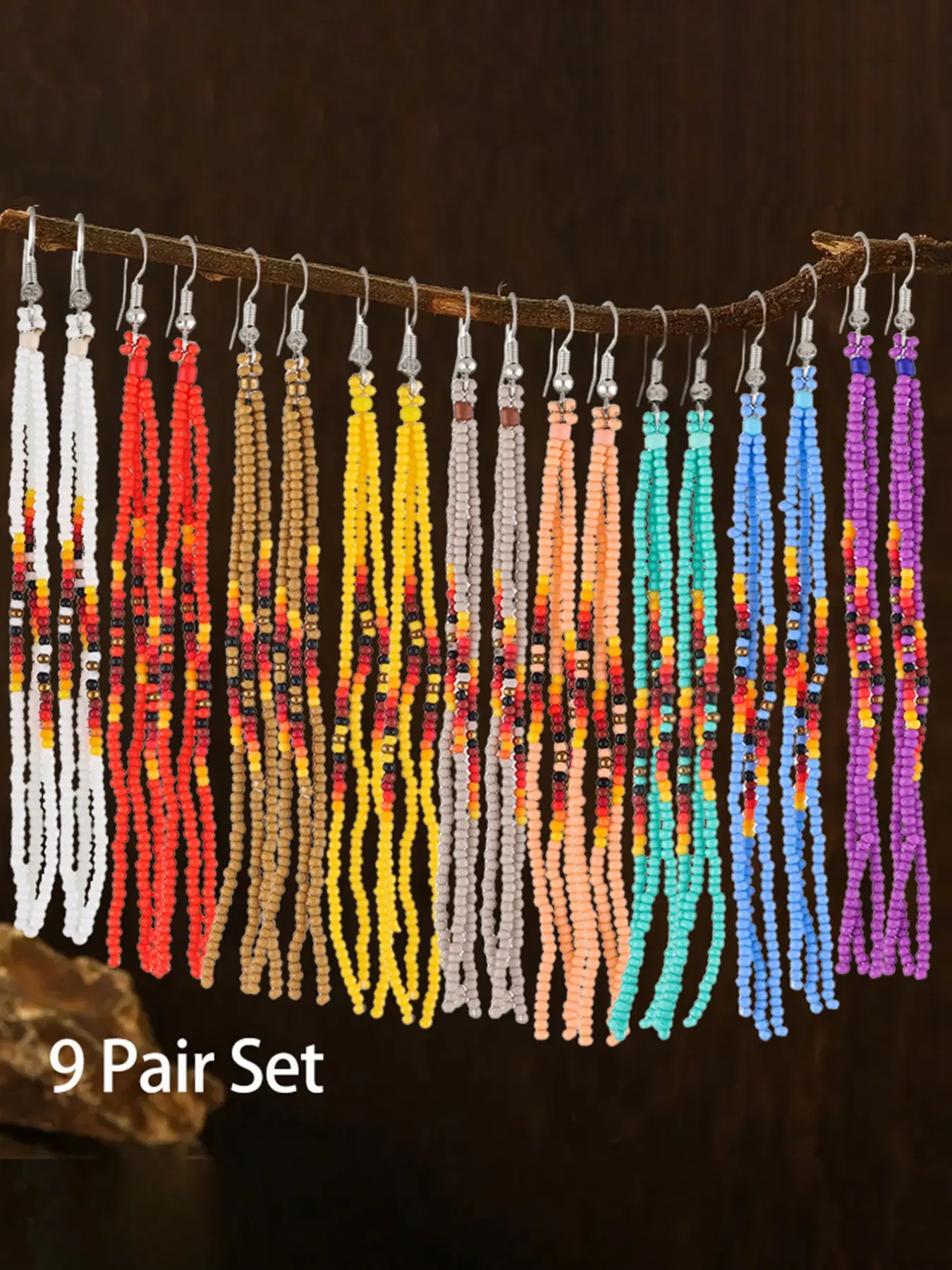 9pcs Handmade Seed Bead Long Tassel Dangle Earrings Set for Women, Boho Bohemian Fringe Drop Beaded Ear Jewelry, Perfect Gift for Holidays