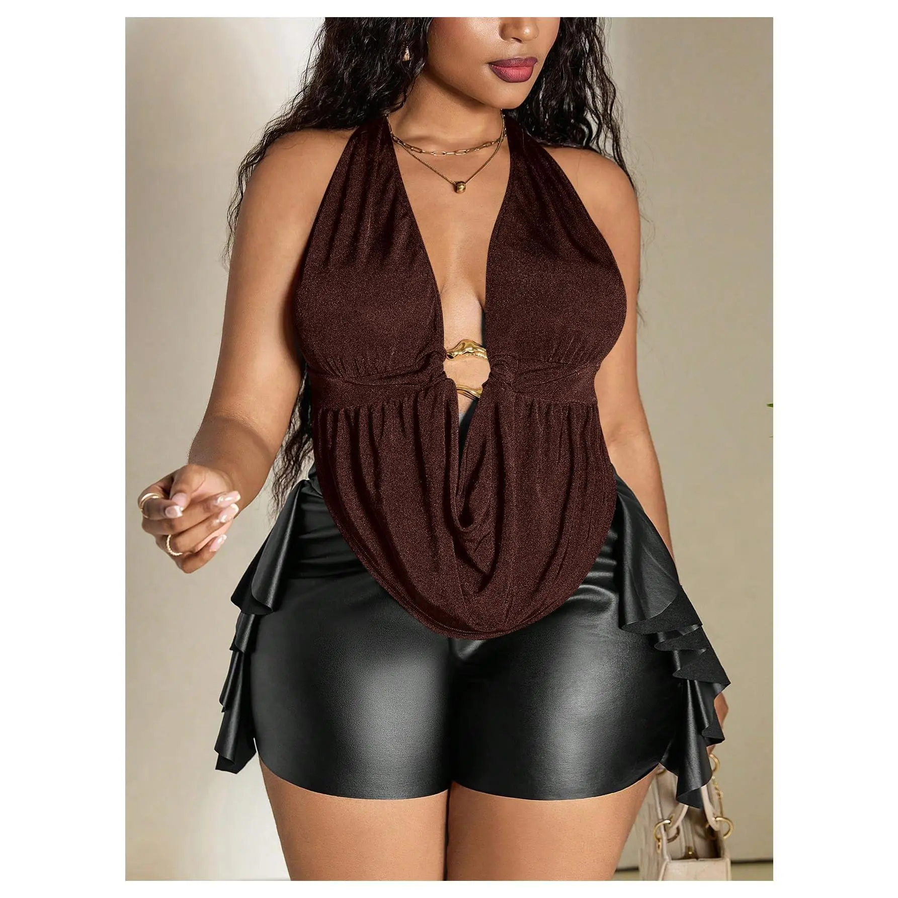 Y2k Plus Size Halter Going Out Tops Backless Deep V Neck Cowl Neck Going Out Party Tank Tops