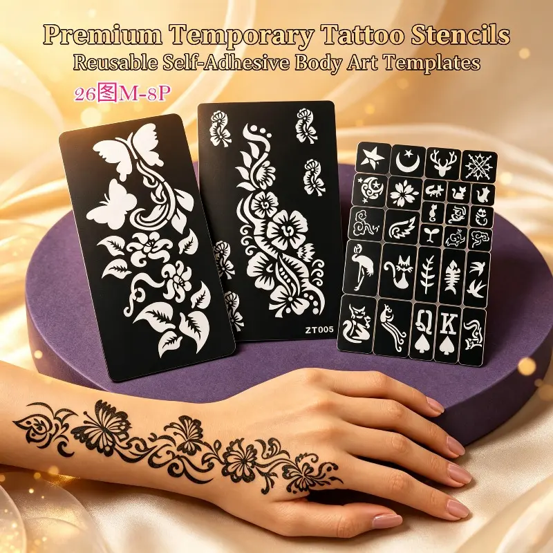 Large Henna Stencil Set, Reusable Self-Adhesive Nail Tattoo Stickers, Floral Mandala Patterns, Women Body Art Stencils for Parties & Festivals