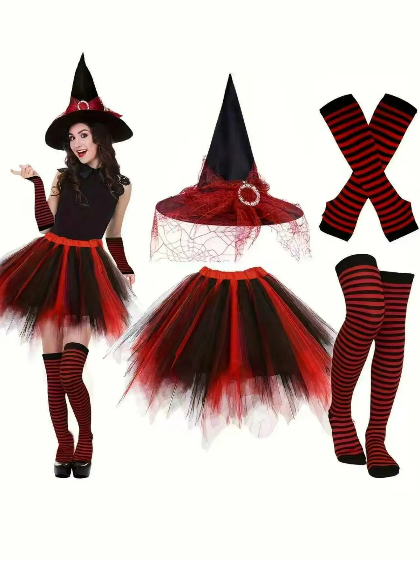 Women's Halloween Witch Costume Set (4 Pieces), Sheer Dress, Witch Hat, Striped Over-The-Knee Socks, Arm Sleeves, Party Role Play