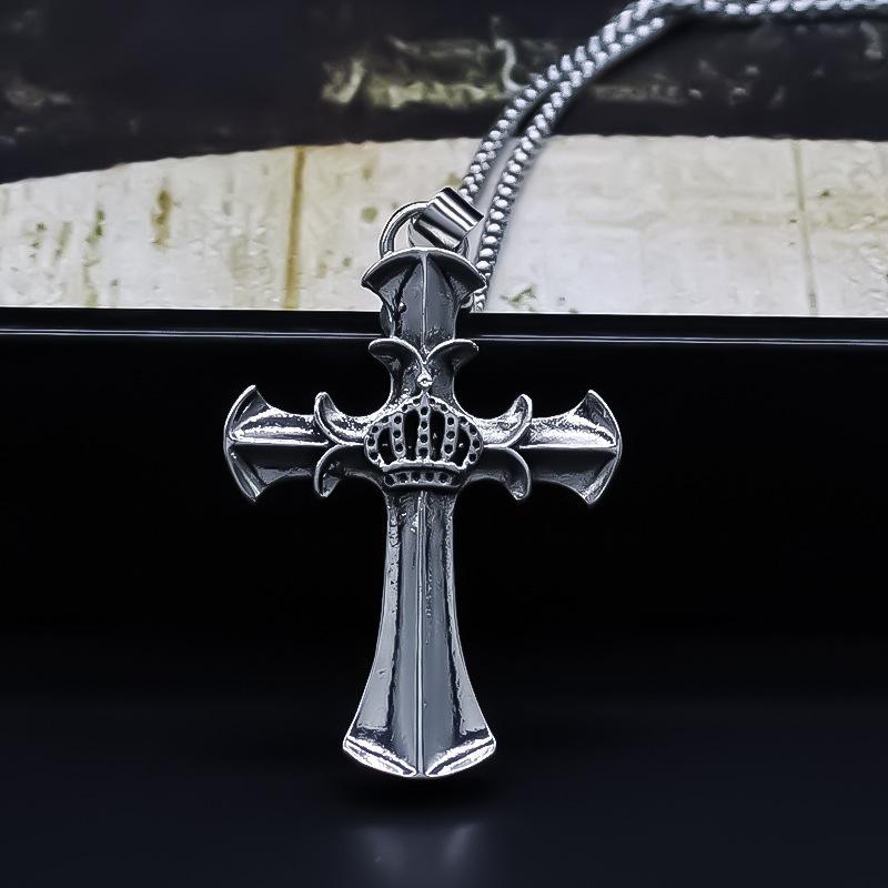 Stainless Steel Necklace, Stylish Light Luxury Cross & Crown Pendant, Versatile Necklace for Men and Women