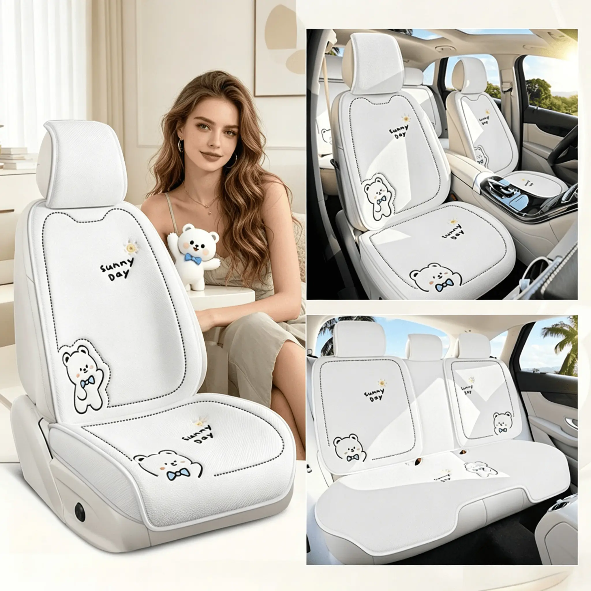 7-Piece Car Seat Covers Set, Breathable Linen, Automotive Seat Covers, Car Accessories, Universal Fit for 5-Seat Cars and SUVs, 4 Color Options, All-Season Use, Cute Bear Design