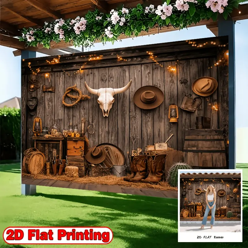 2D Flat Western Cowboy Party Banner, Decorative Banner, Party Decoration Banner, Single-Sided Polyester with Metal Grommets, Cowboy Hat Boots & Cactus Theme for Birthdays, Country Parties & Photo Backdrops