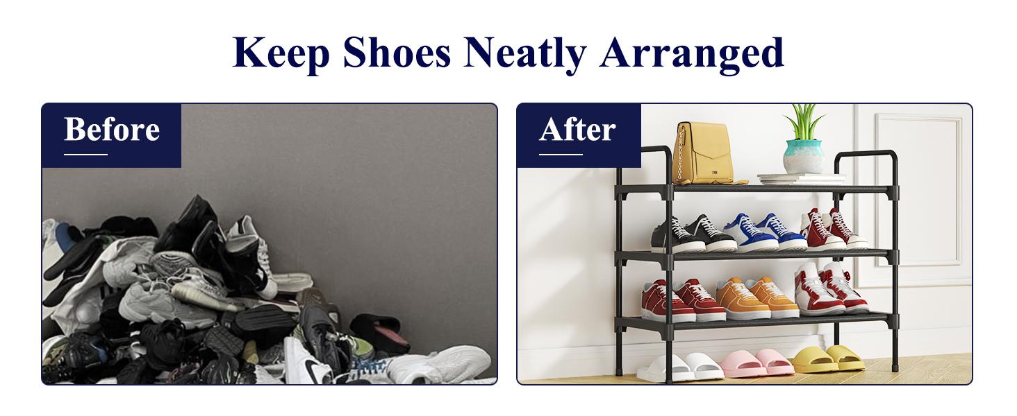 Shoe Rack for Closet, Sturdy Shoe Shelf for Entryway, Space-Saving Shoes Organizer and Storage, 27.6" x 11.8" x 22.6", Black
