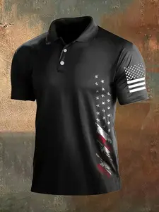 Men's American Flag Polo Shirt, Casual Short Sleeve Graphic Tee, Slim-Fitting Long Clothing, Perfect for Daily Wear