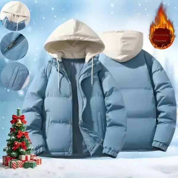 Men's Cotton Quilted Jacket - Christmas New, Winter Warm Fleece-Lined, Windproof, Loose Versatile Zip-Up Hooded Menswear with Pockets, Detachable Hat, Long Sleeve Graphic Clothes for Daily Outdoor Activities