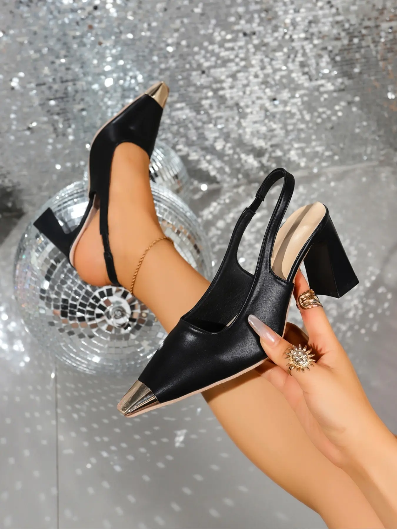 Metal pointed slingback block heel pumps, thin strap, two colors, elegant sandals for daily office wear