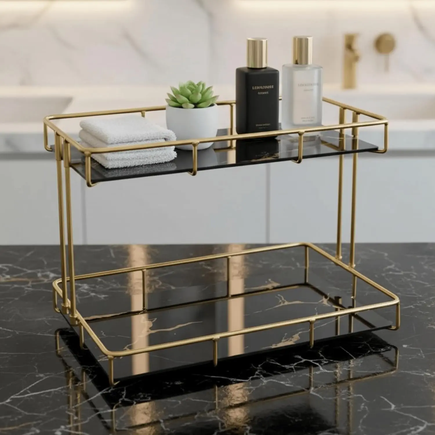 2-Tier Black Marble Bathroom Countertop Organizer – Glass Shelves &  Metal Frame, Stylish  Storage Shelf for Perfume, Skincare, Makeup & Toiletries