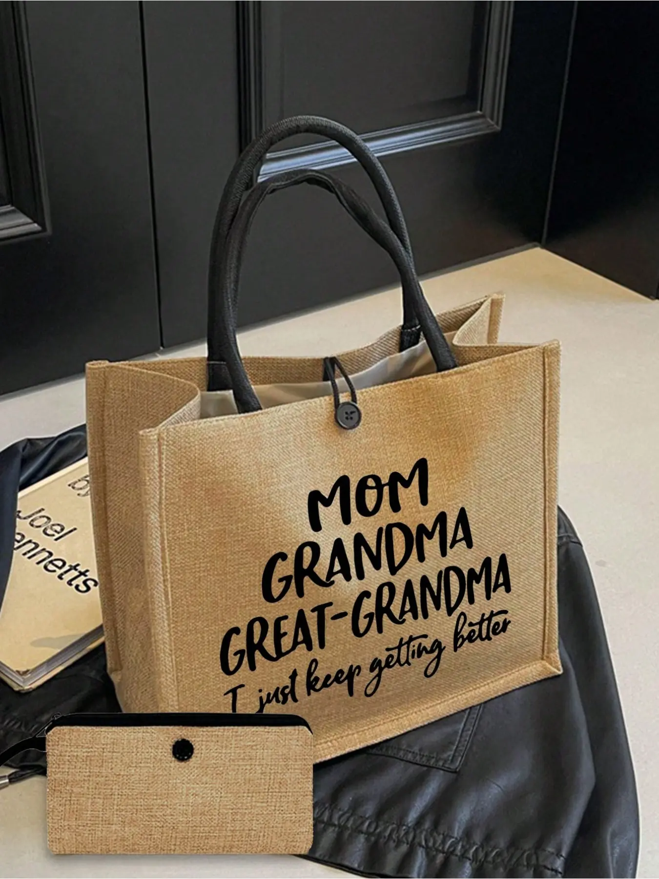 Fashion Letter Print Women's Beach Tote Bag, Large Capacity Gift Bag, Includes Makeup Pouch, Perfect for Mom, Grandma, Great-Grandma