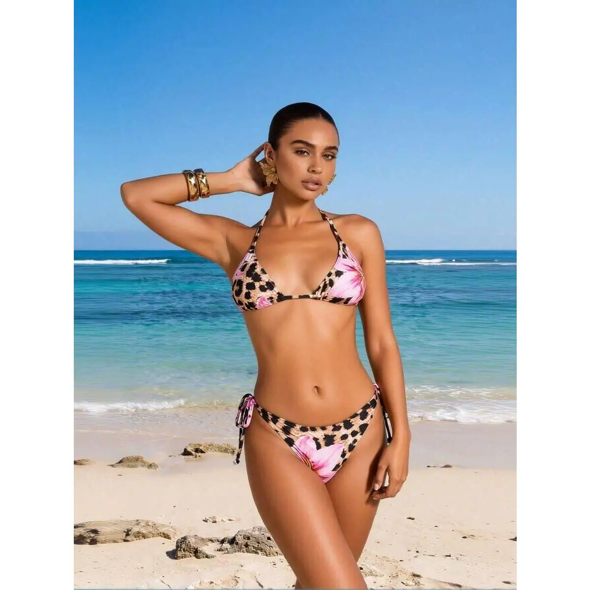 2026 New Tropical Print Bikini Set Women's Leopard & Floral Triangle Two-Piece Swimsuit For Beach Vacation, Sexy & Flattering