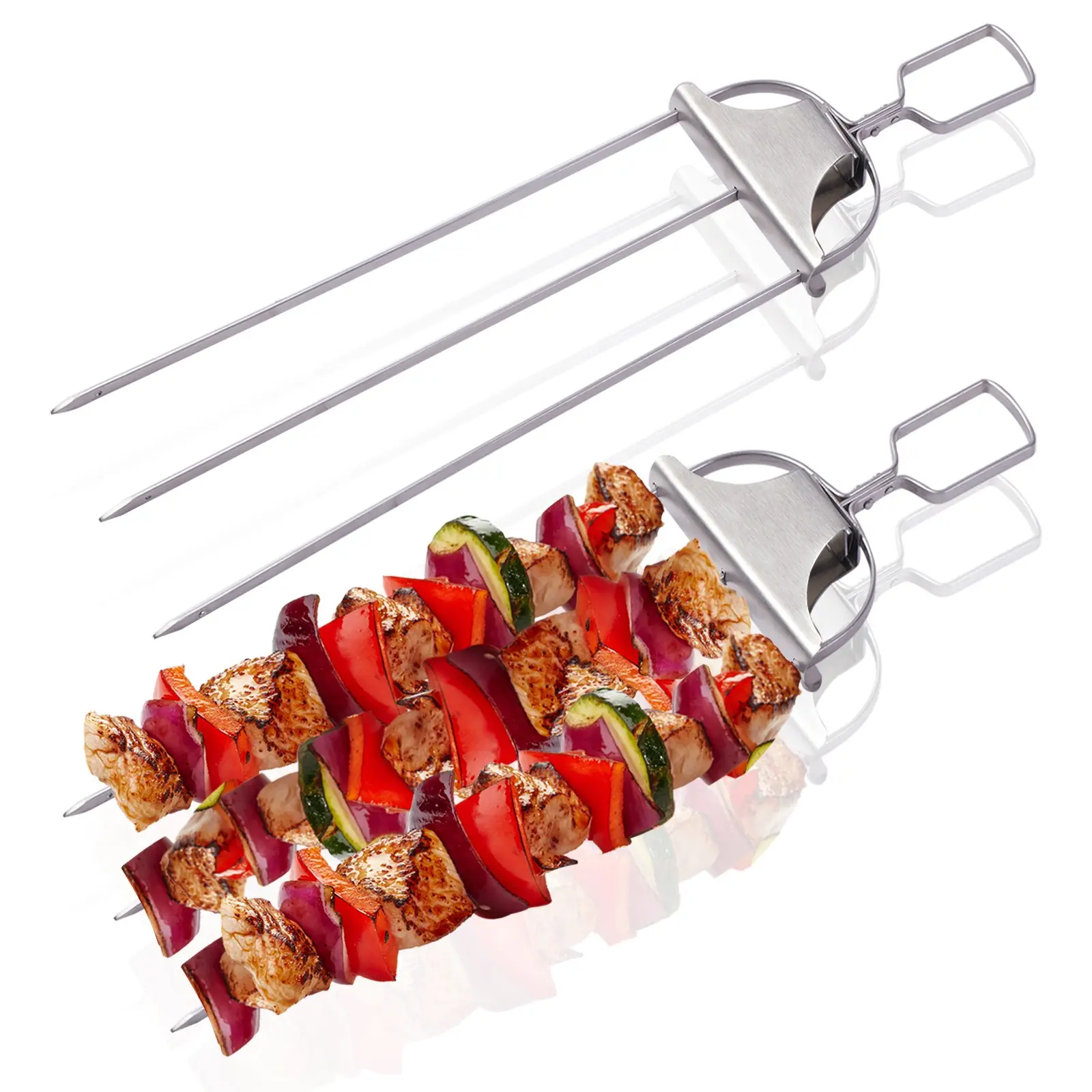 New 3-Tine Stainless Steel BBQ Skewers Set, Reusable Metal Skewers with Bag, Ideal for Outdoor Camping, Barbecues, Parties, Meat and Veggie Skewers