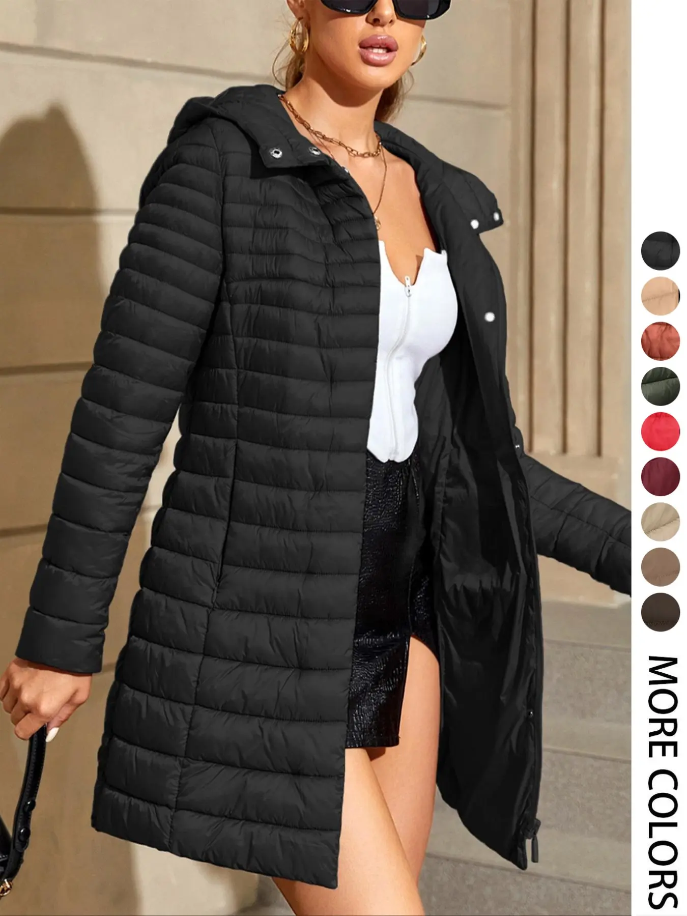 Women's Plus Size Fall Winter Long Cotton Jacket, Warm Hooded Coat with Pockets, Casual Fitted Outerwear, Elegant Commuter Style