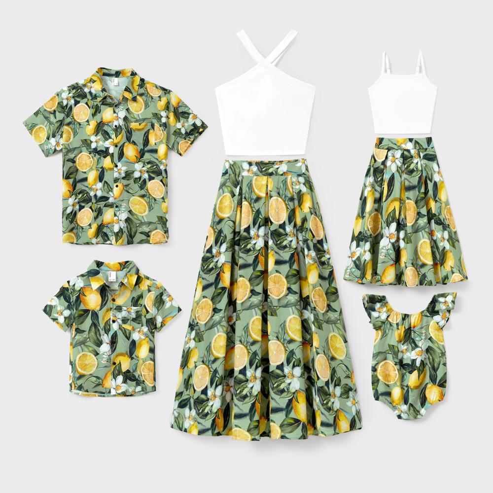 PatPat Matching Family Outfits – Lemon Print Hawaiian Shirts & Summer Dresses – Tropical Vacation Clothes for Men, Women & Kids Spingtok