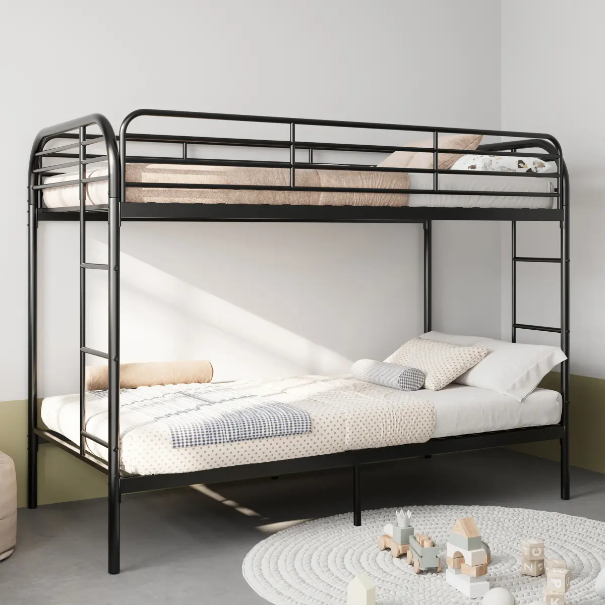 Black Iron Twin Over Twin Bunk Bed with Ladder, High Guardrail, Scratch-Resistant Finish, Storage Space, Noise-Free Design