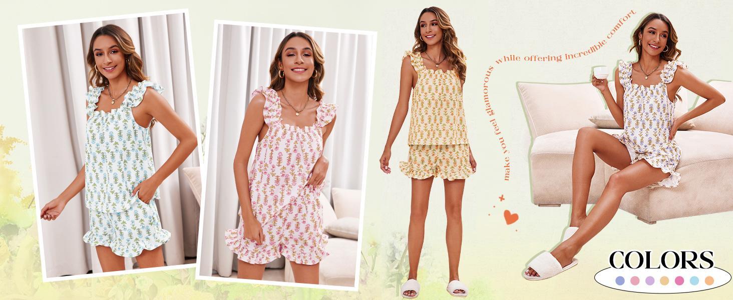 Imily Bela Womens Floral Print Pajama Sets Ruffle Trim Cami and Casual Shorts 2 Piece Lounge Set PJ Fashionable Comfortable