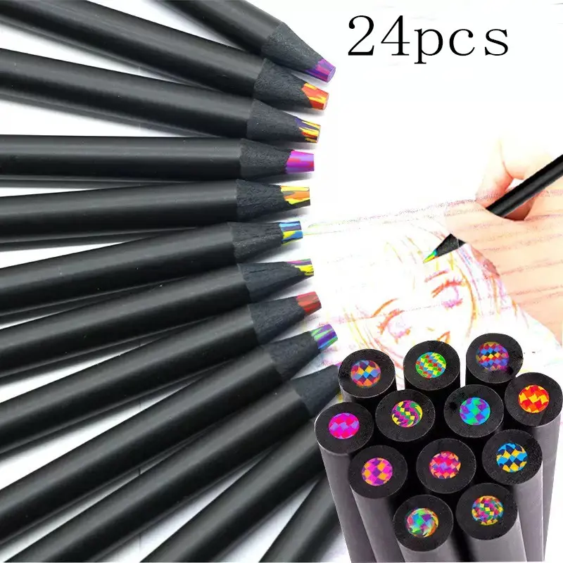 24 Tianxing Black Wood Colored Pencils with Thickened Leads - One-Stroke Multi-Colored Pencils for Student Creative Drawing Gifts DIY