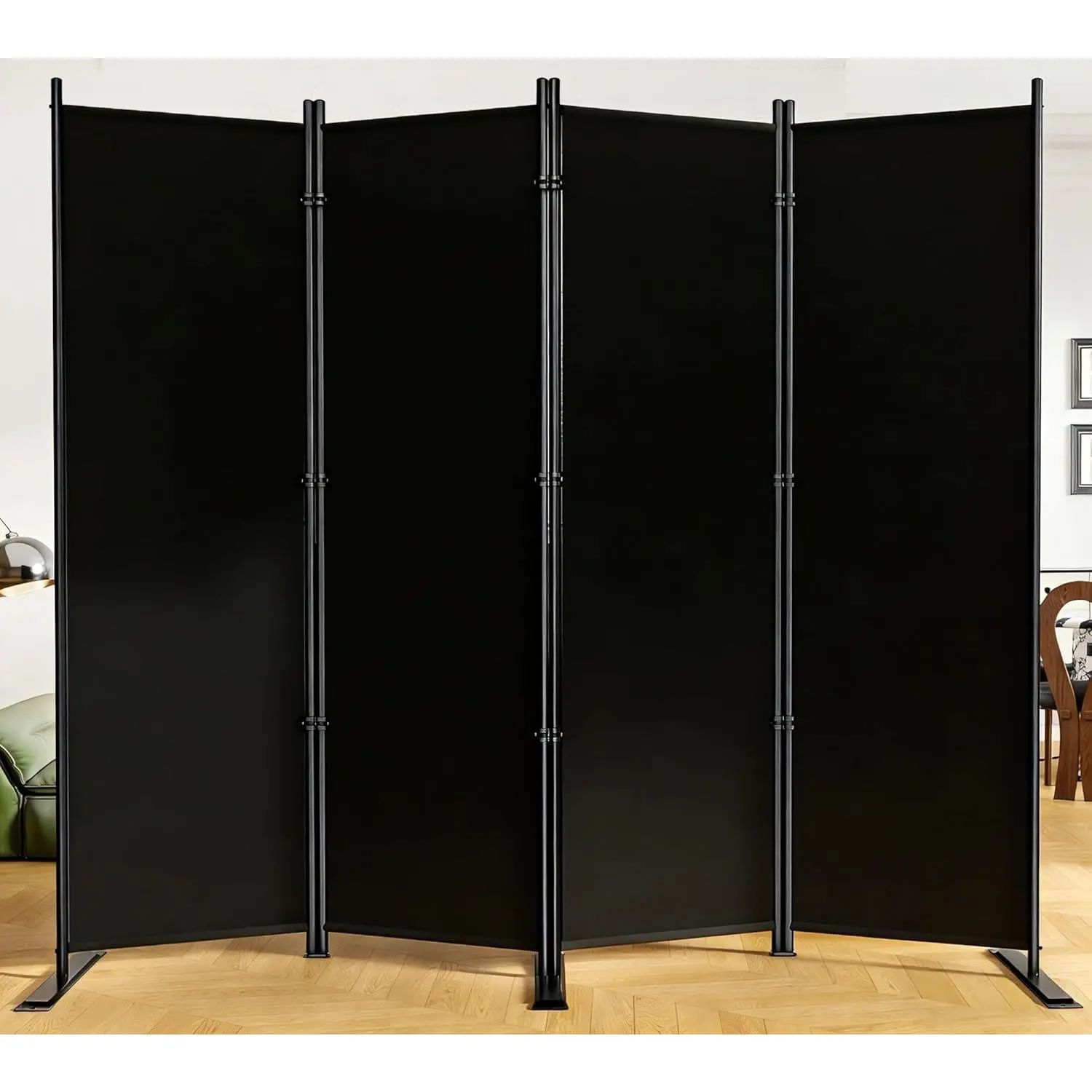 Room Divider 6FT Folding Privacy Screens, 4 Panel Fabric Divider for Room Separation, 88" W Freestanding Portable Wall Dividers Screen for Home Dorm Studio Office, Black