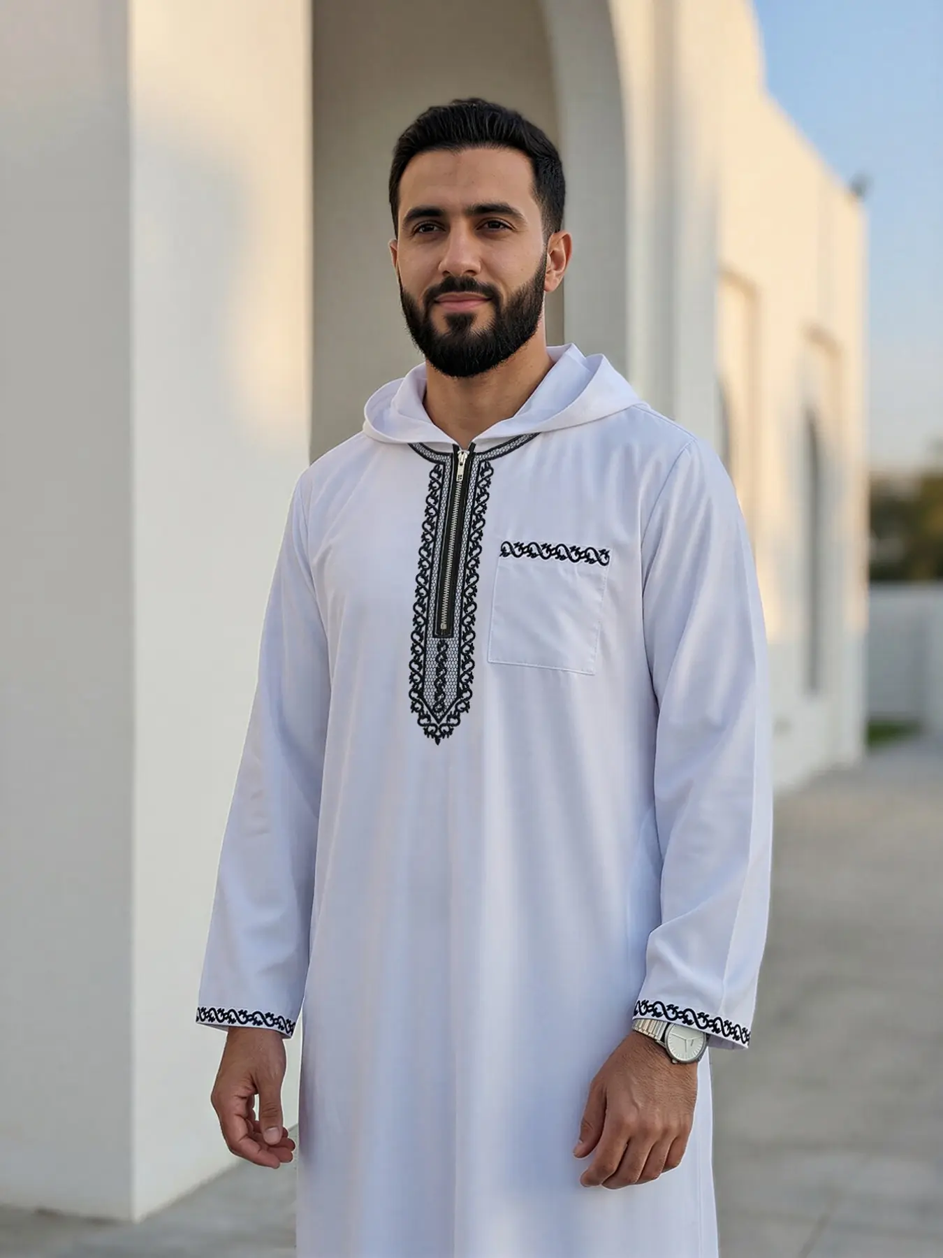 Moroccan Traditional Clothing, Moroccan Thobe, Loose Fit Jubba, Classic Hooded Men's Embroidered Casual Long Robe, Eid Al-Adha Festival Wear for Muslim, Perfect Gift