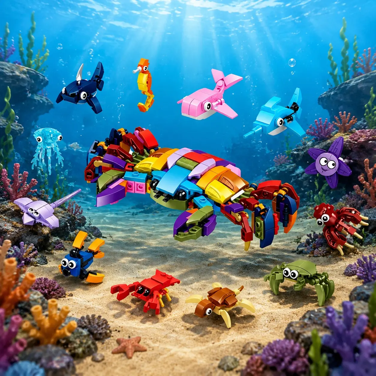 12 in 1 Sea Creature Building Blocks Set, Build 12 Mini Marine Animals or Combine Into Giant Colorful Crab, STEM Educational Construction Bricks Toy Gift for Boys and Girls