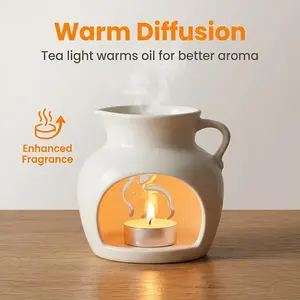 Ceramic Lamp with Light Emitter | Fragrance Lamp | Essential Oil Diffuser And Incense Candle Diffuser | Height 9.5 Cm, Diameter 10 Cm, Removable Bowl | Surface with Grooves | (White)