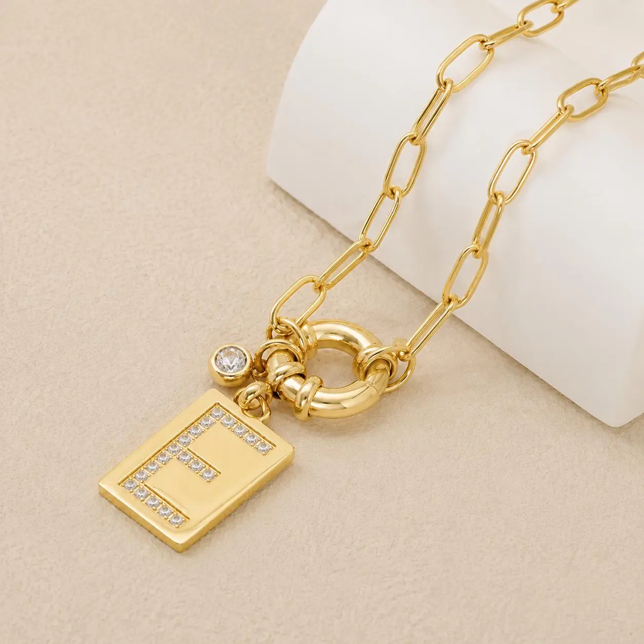 14K Gold Plated Initial Pendant Necklace, Chic Square Shiny Cubic Zirconia A-Z Letter Pendant Personalized Paperclip Chain Trendy Square Capital Name Necklace Party Wear, Jewelry, Holiday Gift